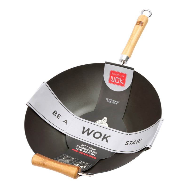 School Of Wok Pre-Seasoned Carbon Steel Flat Bottomed Wok - 36cm