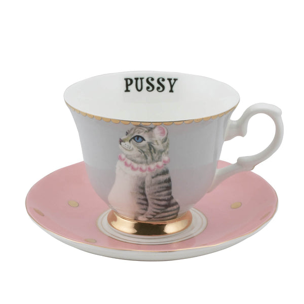 Yvonne Ellen Fine China Teacup & Saucer - Pussy