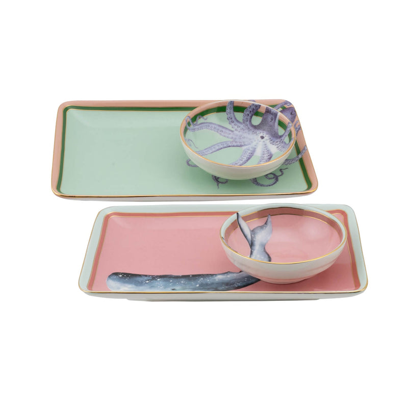 Yvonne Ellen Set Of 2 Fine China Sushi Plates & Dip Bowls - Under The Sea