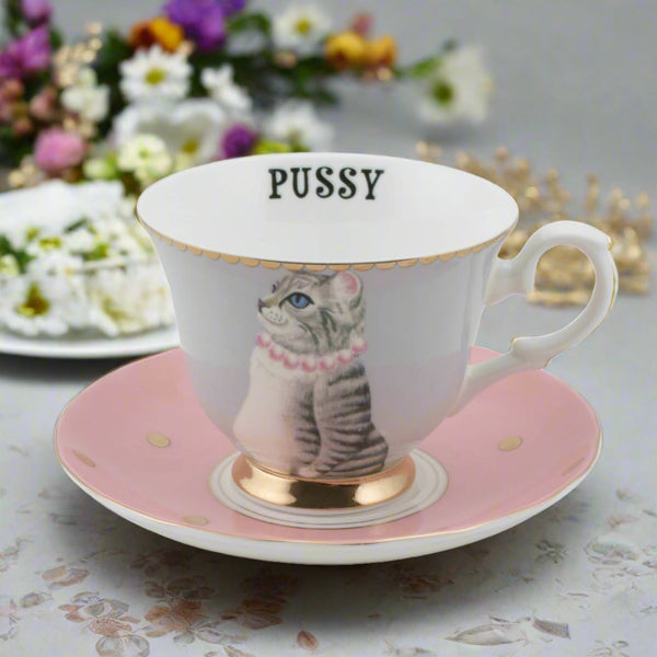 Yvonne Ellen Fine China Teacup & Saucer - Pussy