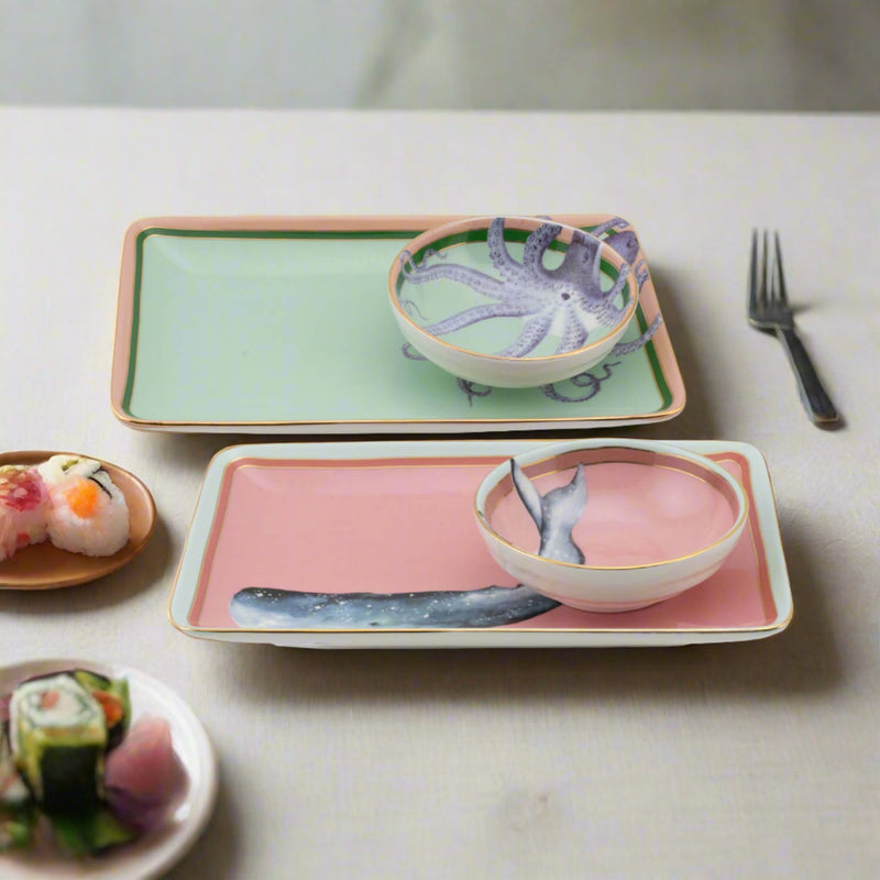 Yvonne Ellen Set Of 2 Fine China Sushi Plates & Dip Bowls - Under The Sea