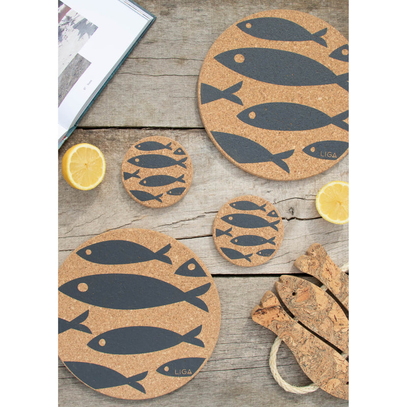 Liga Round Cork Coaster - Fish - Grey