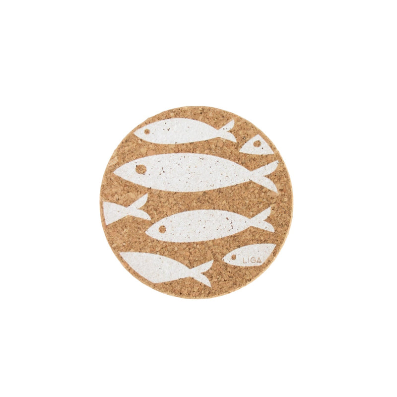 Liga Round Cork Coaster - Fish - White