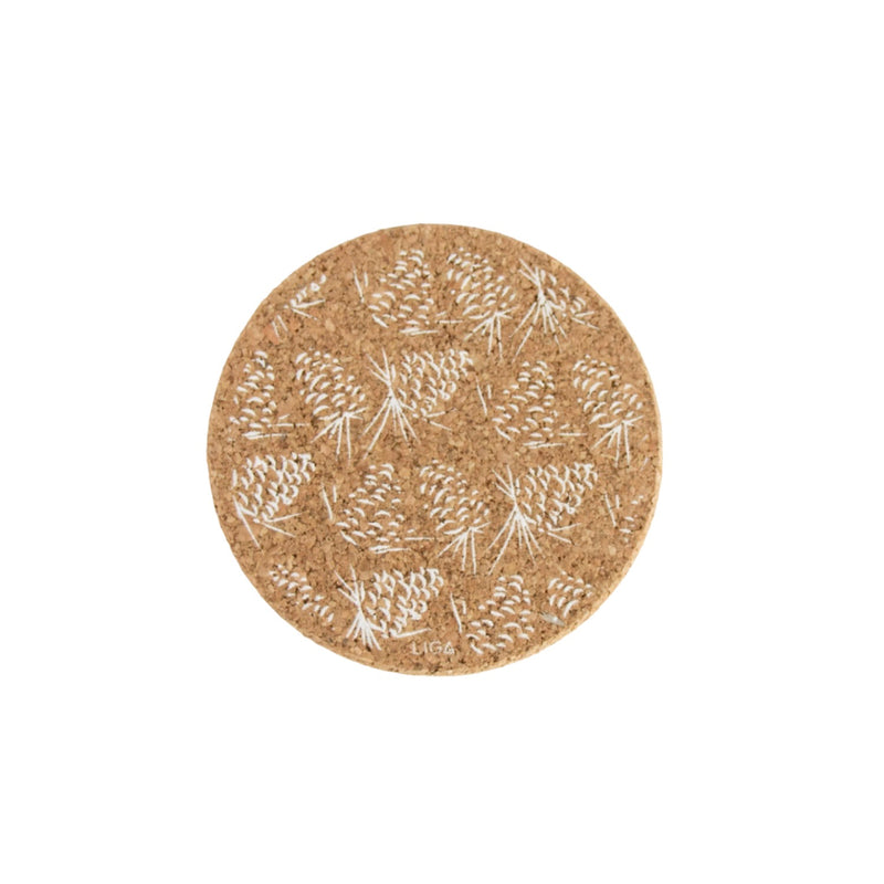 Liga Round Cork Coaster - Pinecone - White