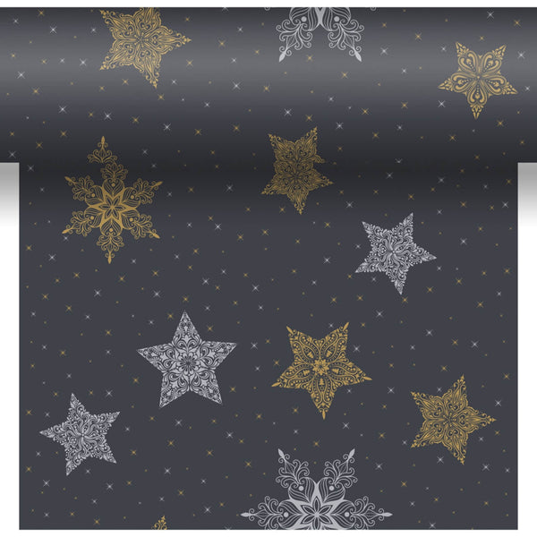 Perforated Linen-Feel 40cm x 480cm Placemat & Table Runner Roll - Snowstars Black