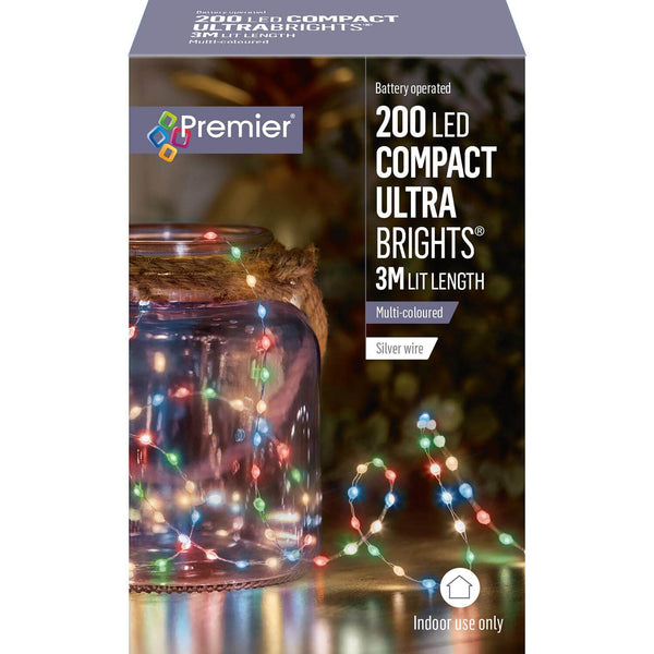 Premier Christmas Compact Ultra Brights 3 Metre 200 LED Lights - Multi-Coloured