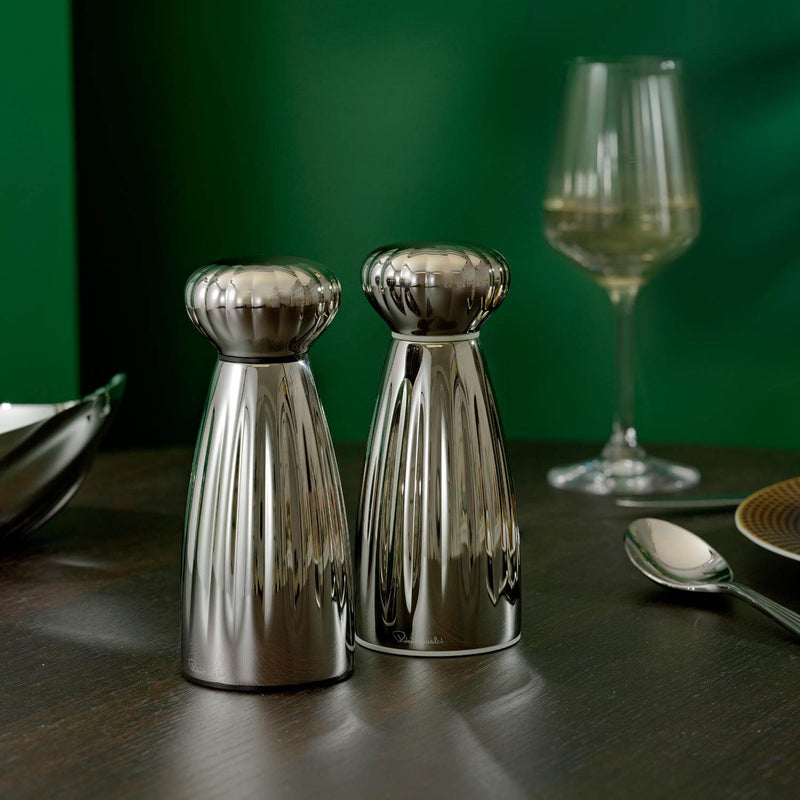 Robert Welch Palm Medium Stainless Steel Salt & Pepper Mill Set with Tray - Bright