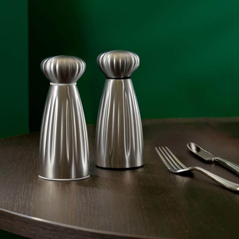 Robert Welch Palm Medium Stainless Steel Salt & Pepper Mill Set with Tray - Satin