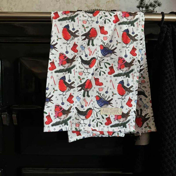 Alex Clark Christmas 100% Cotton Tea Towel - Festive Robins