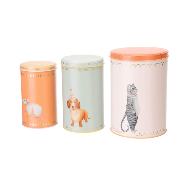 Yvonne Ellen Set Of 3 Cylinder Storage Tins - Sausage Doggie, Mousey & Pussy