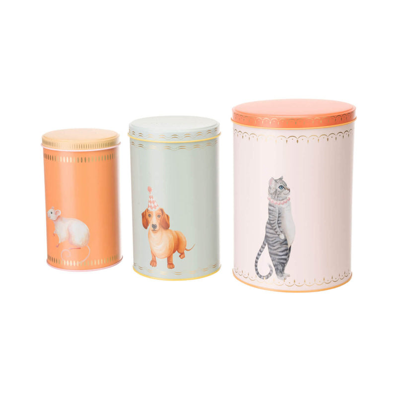 Yvonne Ellen Set Of 3 Cylinder Storage Tins - Sausage Doggie, Mousey & Pussy